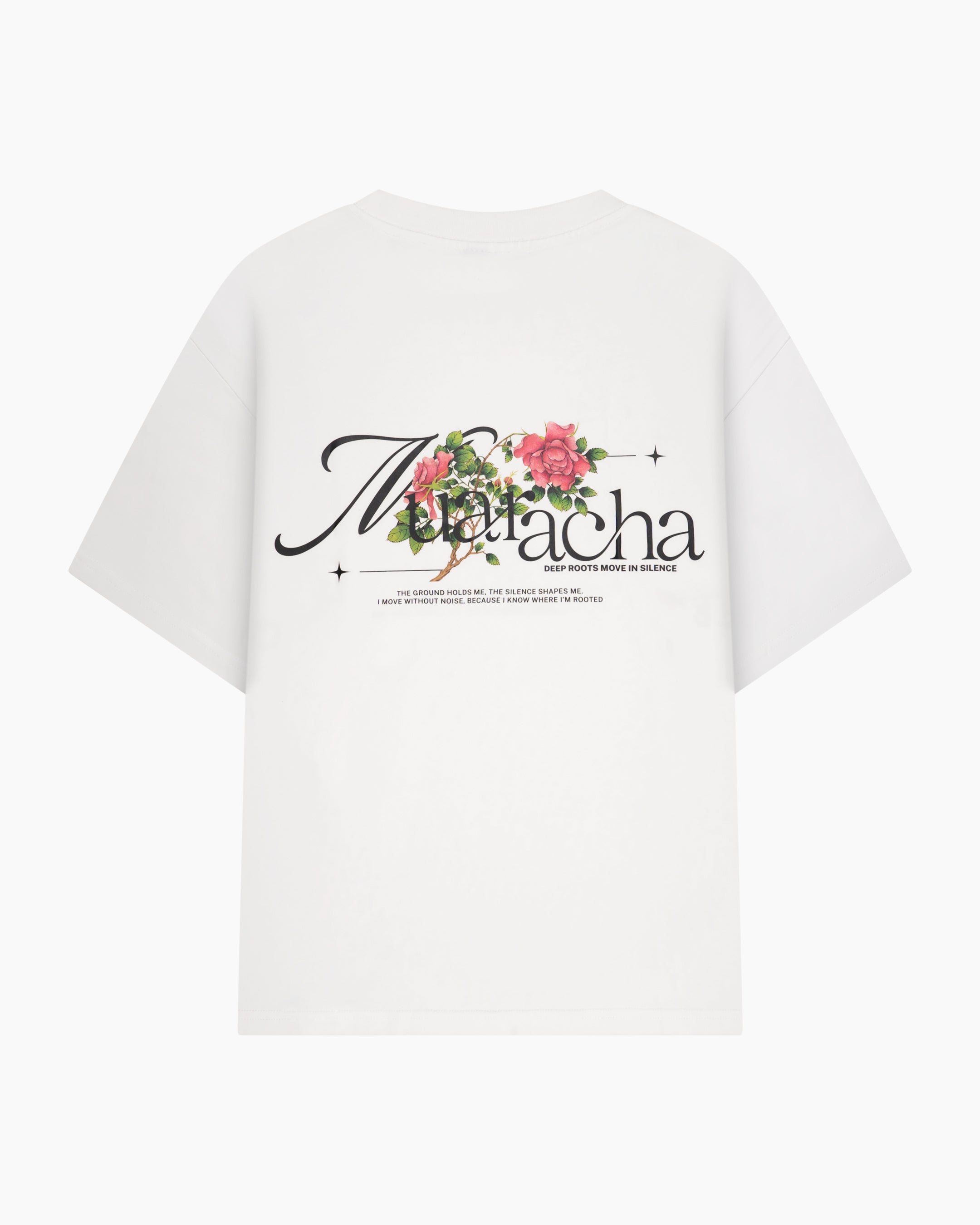 Muaracha Deep Roots Oversize Tee – White, achterkant met rozen-backprint