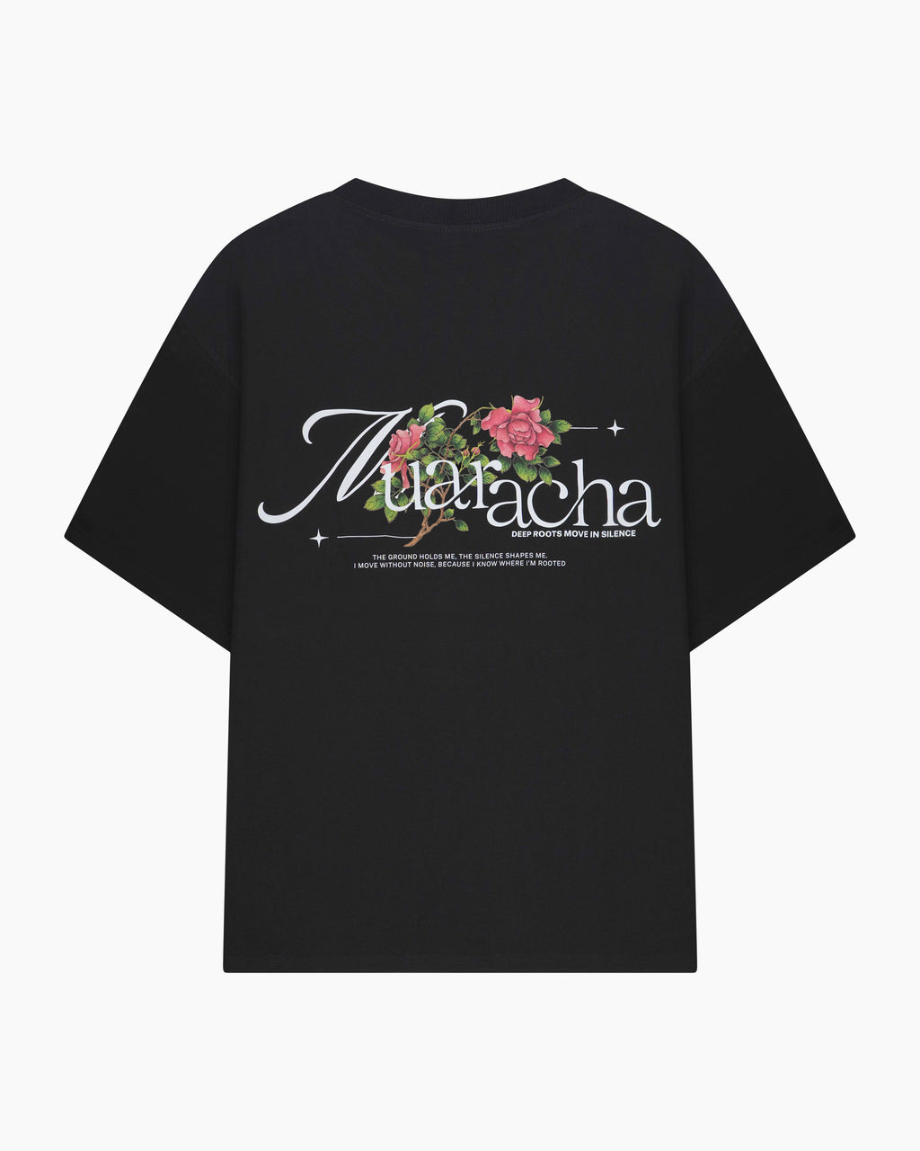 Muaracha Deep Roots Oversize Tee – Black, achterkant met rozen-backprint