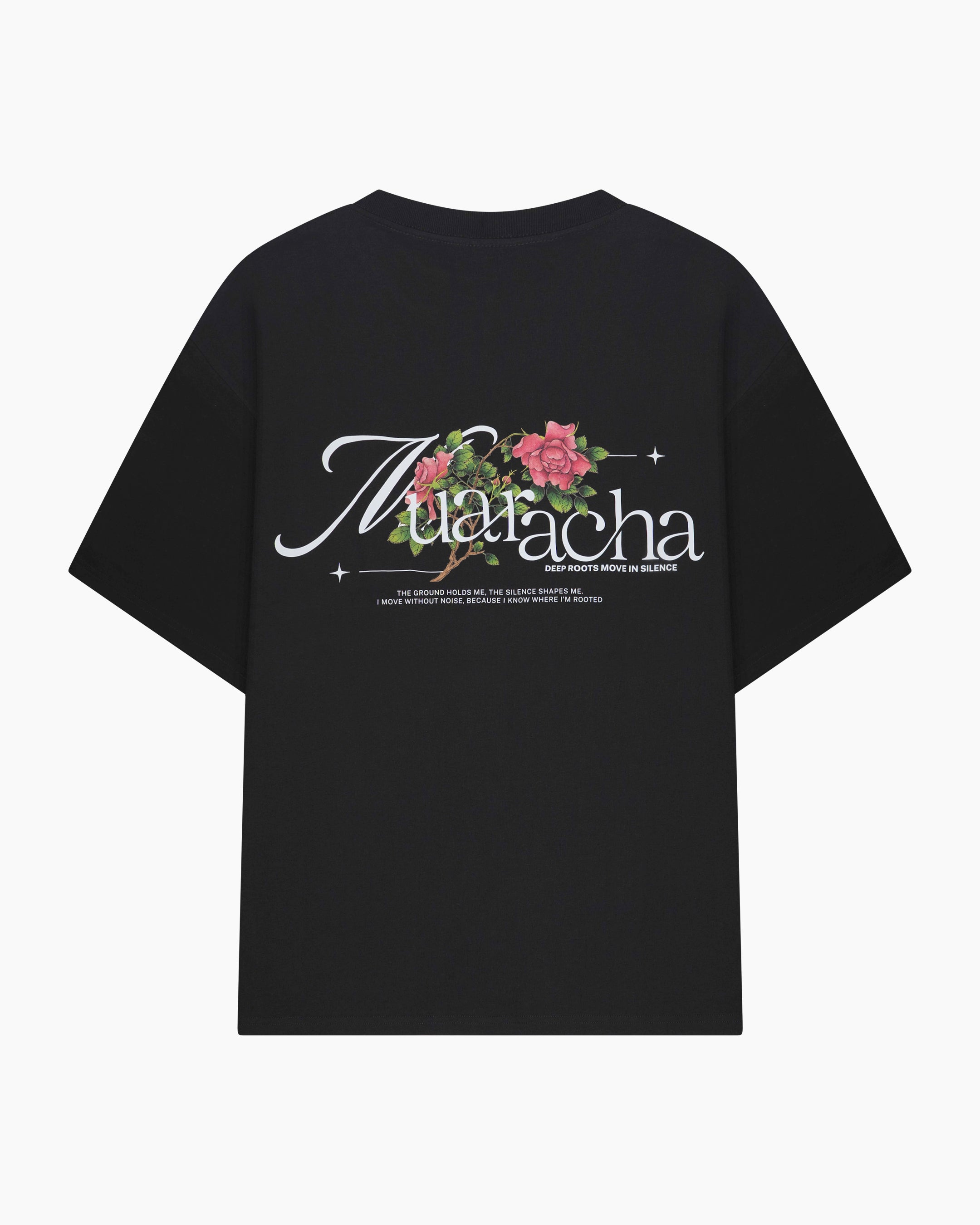 Muaracha Deep Roots Oversize Tee – Black, achterkant met rozen-backprint